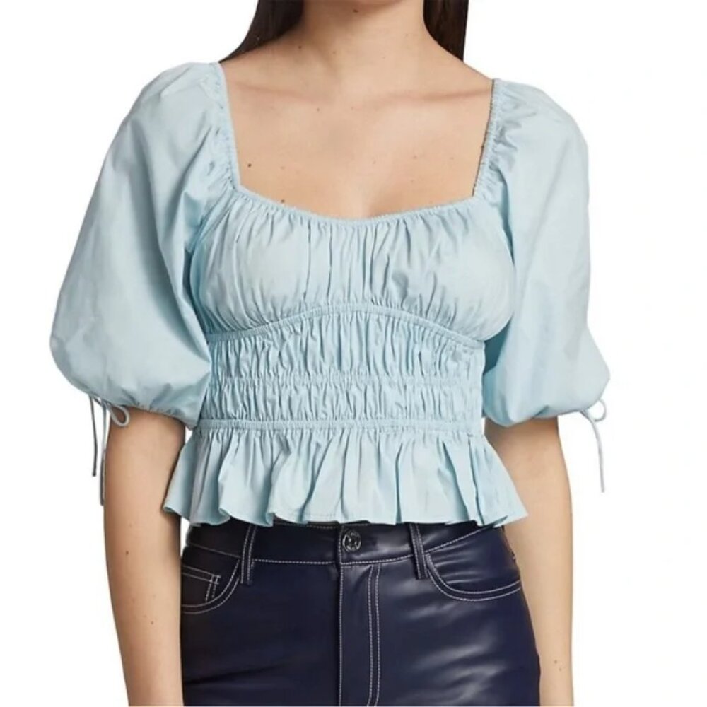 Staud Faye Puff Sleeve Smocked Crop Top Winter Sky Baby Blue 6
